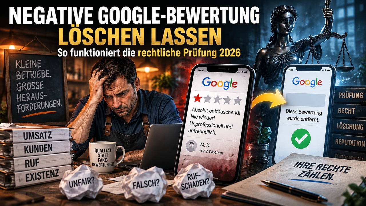 Unternehmer vor negativer Google-Bewertung mit rechtlicher Prüfung und erfolgreicher Entfernung