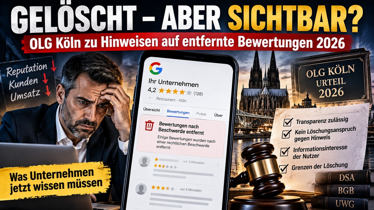 Gelöscht – aber sichtbar? OLG Köln 2026 erlaubt Hinweise auf entfernte Bewertungen
