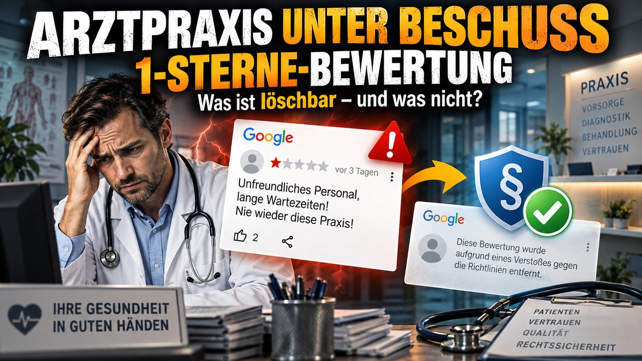 Arzt in Praxis vor negativer Google-Bewertung mit rechtlichem Schutzsymbol