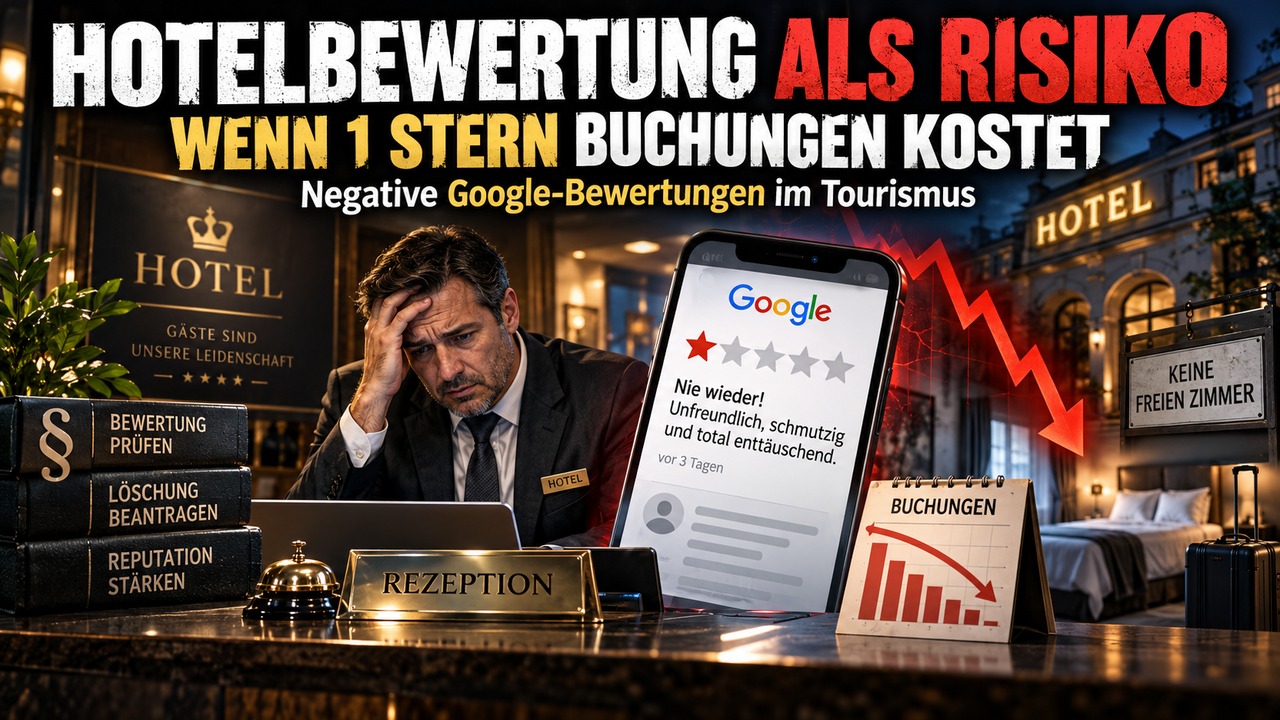 Hotelmanager vor negativer Google-Bewertung mit sinkenden Buchungen